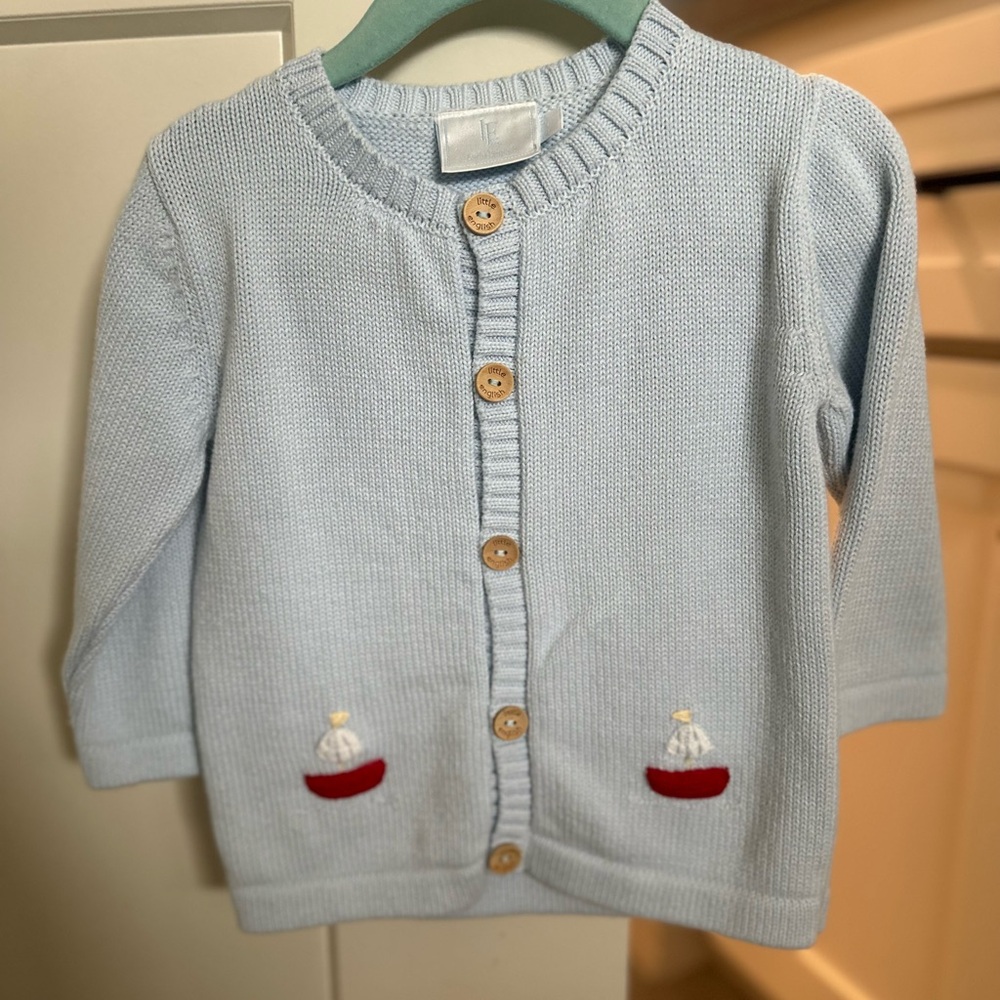 Little English Light Blue Kids Cardigan with Embroidered Sail Boat Design